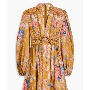 Zimmermann Guipure lace-trimmed floral-print linen mini dress size 8